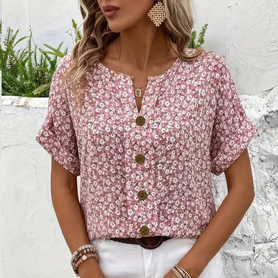 Dames Roze Blouse Met Korte Mouwen En Bloemenprint