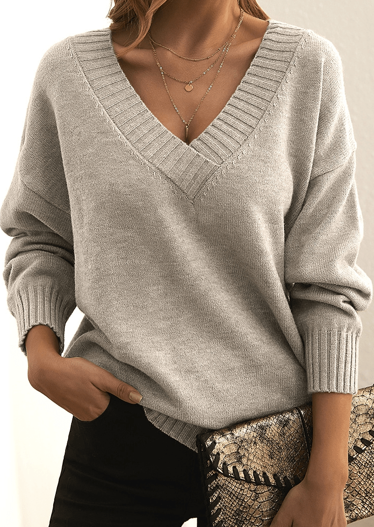 Dames Gebreide Sweater Met Diepe V-Hals En Lange Mouwen