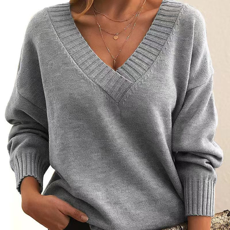 Dames Gebreide Sweater Met Diepe V-Hals En Lange Mouwen