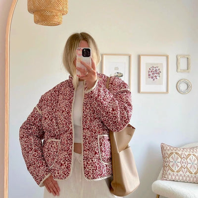 Dames Bloemen Quilted Jasje Met Zakken En Lange Mouwen