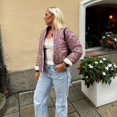 Dames Bloemen Quilted Jasje Met Zakken En Lange Mouwen