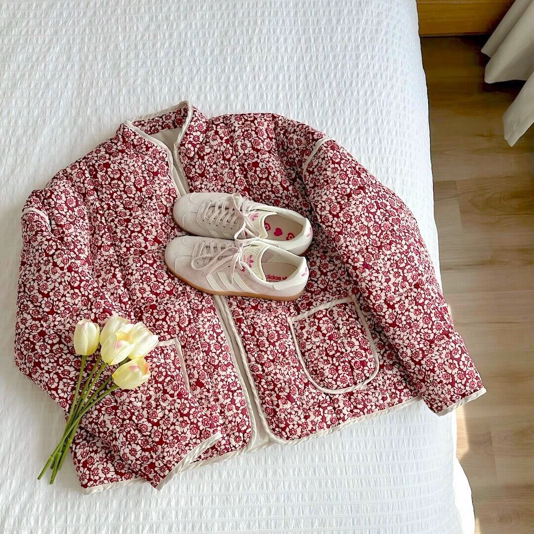 Dames Bloemen Quilted Jasje Met Zakken En Lange Mouwen