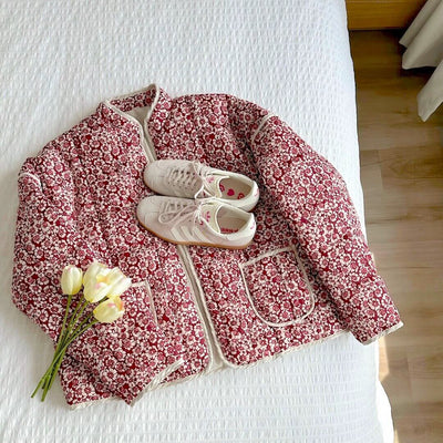 Dames Bloemen Quilted Jasje Met Zakken En Lange Mouwen