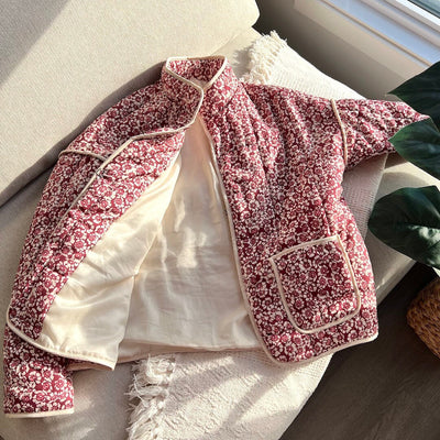 Dames Bloemen Quilted Jasje Met Zakken En Lange Mouwen
