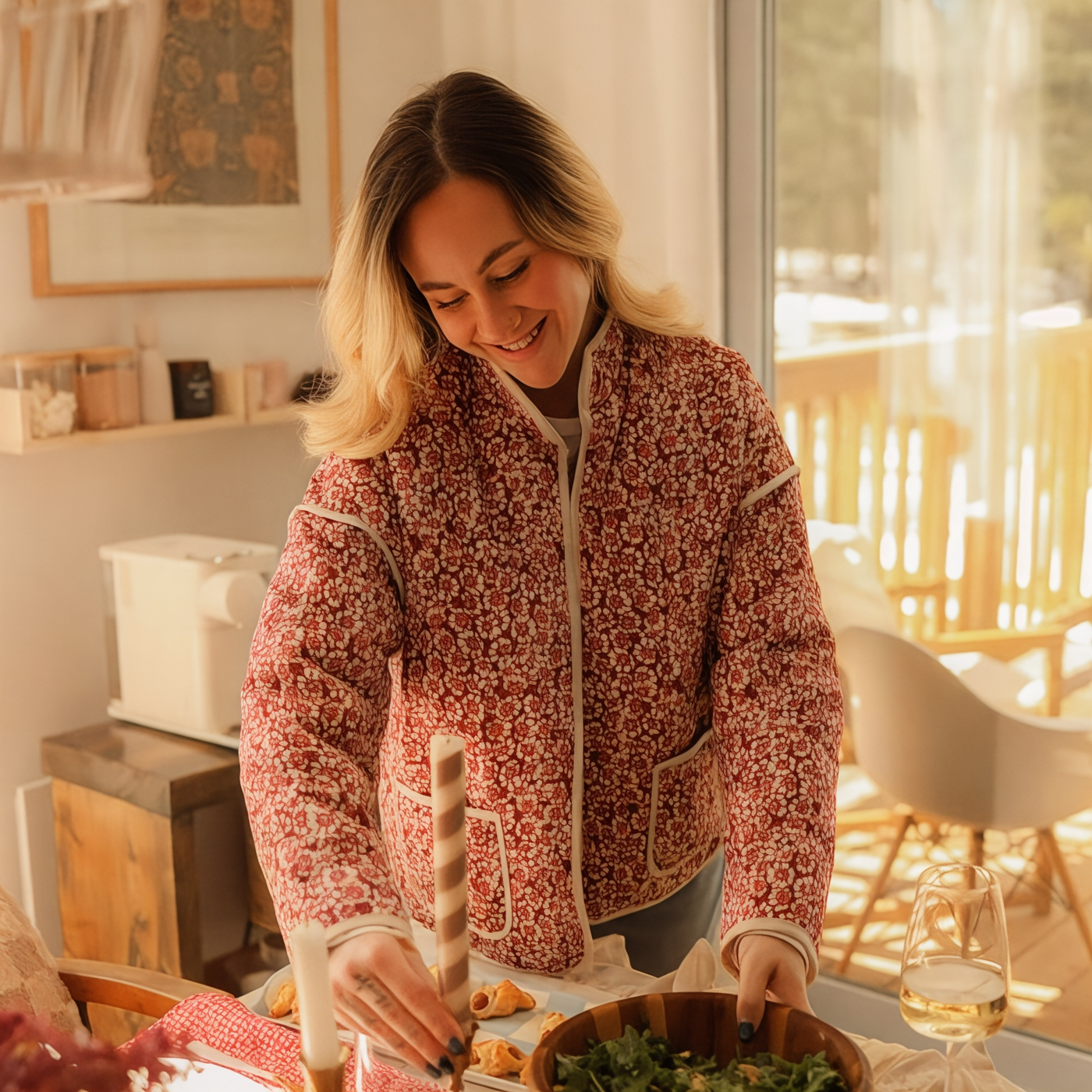 Dames Bloemen Quilted Jasje Met Zakken En Lange Mouwen
