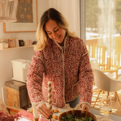 Dames Bloemen Quilted Jasje Met Zakken En Lange Mouwen