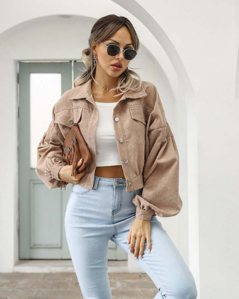 Dames Corduroy Jacket Met Lange Mouwen En Cropped Pasvorm