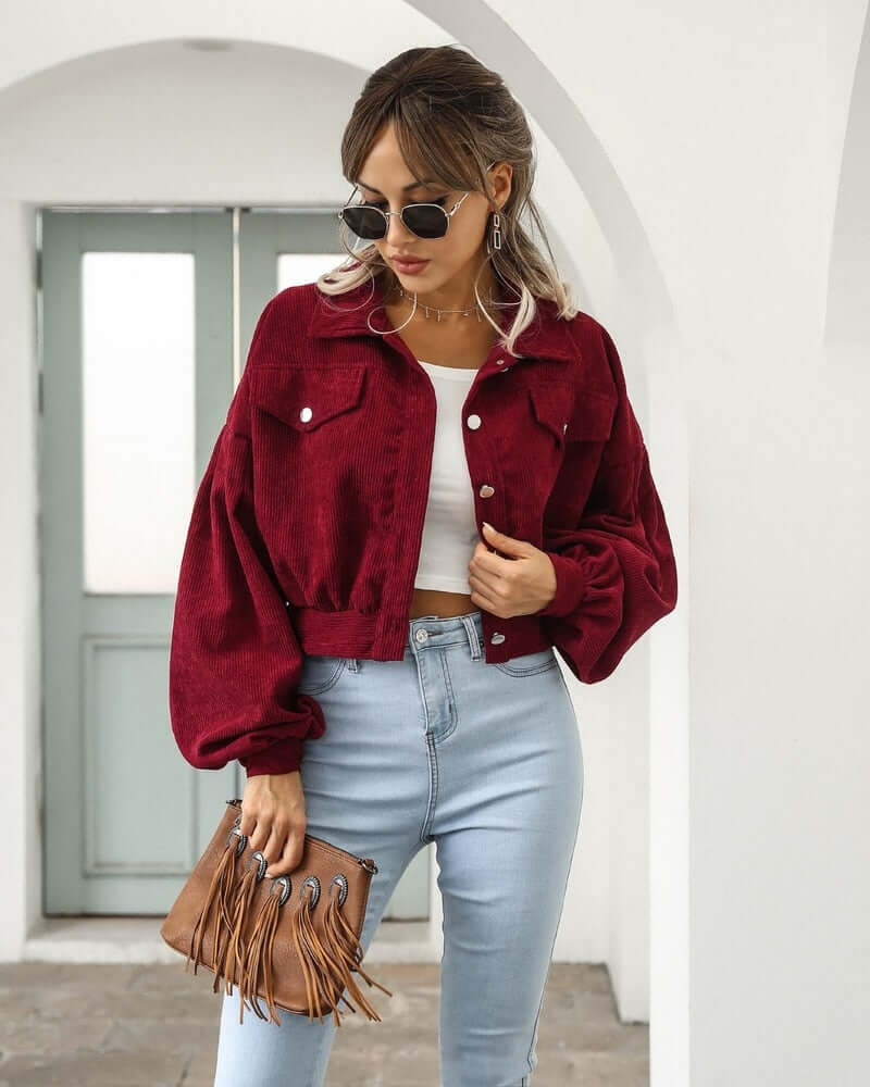 Dames Corduroy Jacket Met Lange Mouwen En Cropped Pasvorm