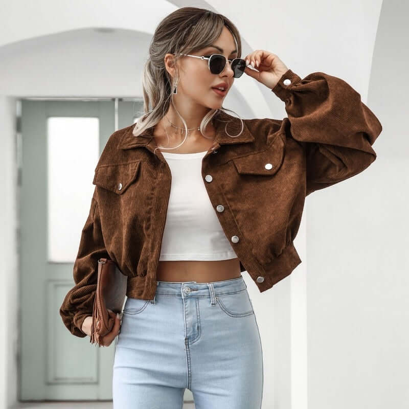 Dames Corduroy Jacket Met Lange Mouwen En Cropped Pasvorm