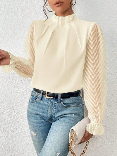 Dames Blouse Met Lange Transparante Mouwen En Hoge Hals