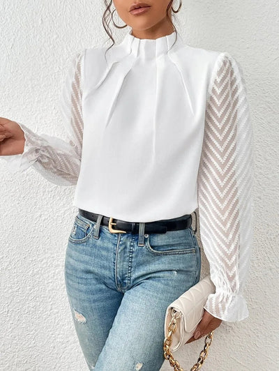 Dames Blouse Met Lange Transparante Mouwen En Hoge Hals