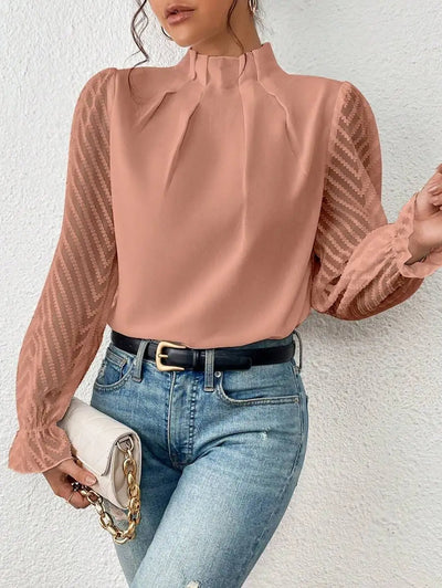 Dames Blouse Met Lange Transparante Mouwen En Hoge Hals