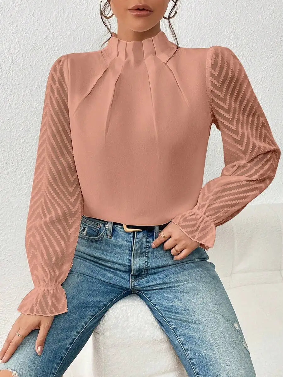 Dames Blouse Met Lange Transparante Mouwen En Hoge Hals