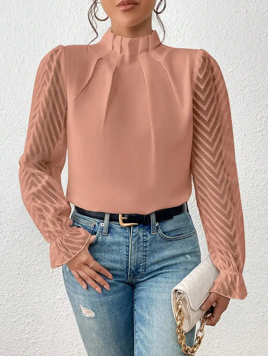 Dames Blouse Met Lange Transparante Mouwen En Hoge Hals