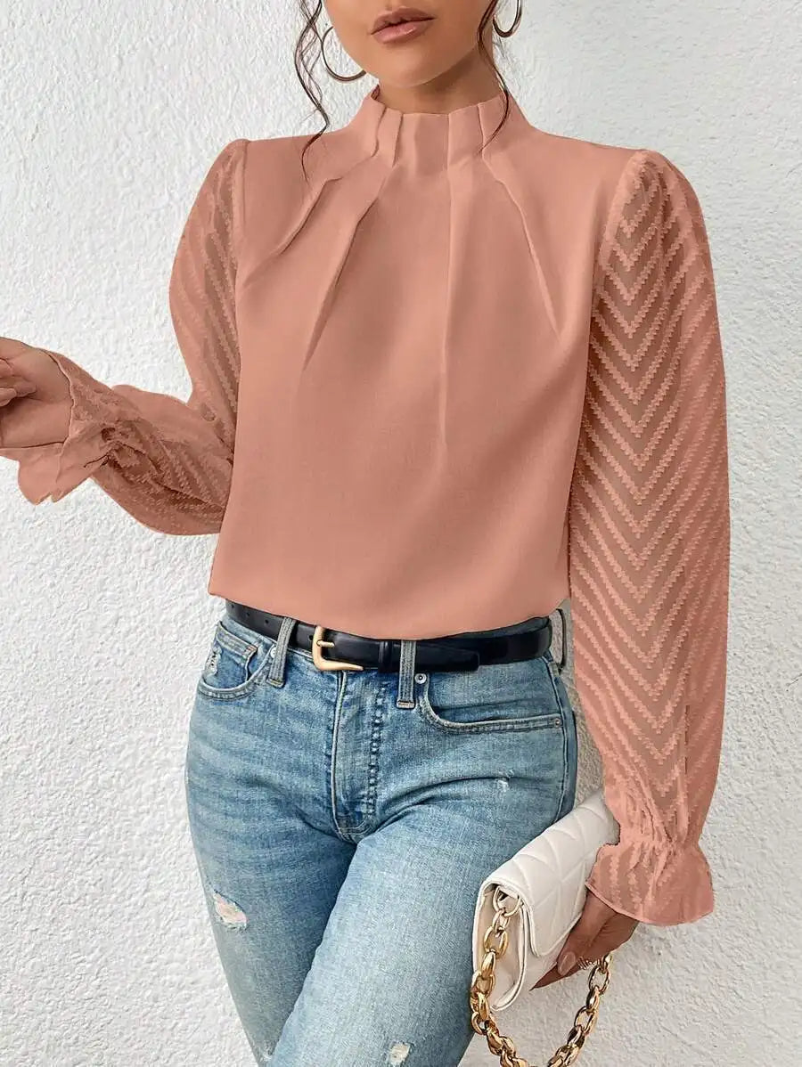 Dames Blouse Met Lange Transparante Mouwen En Hoge Hals