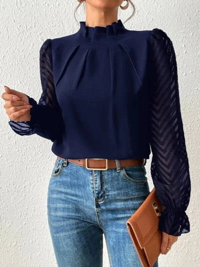 Dames Blouse Met Lange Transparante Mouwen En Hoge Hals