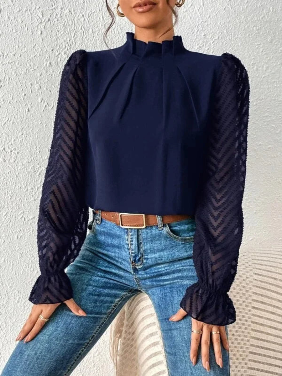 Dames Blouse Met Lange Transparante Mouwen En Hoge Hals