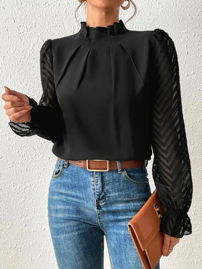 Dames Blouse Met Lange Transparante Mouwen En Hoge Hals