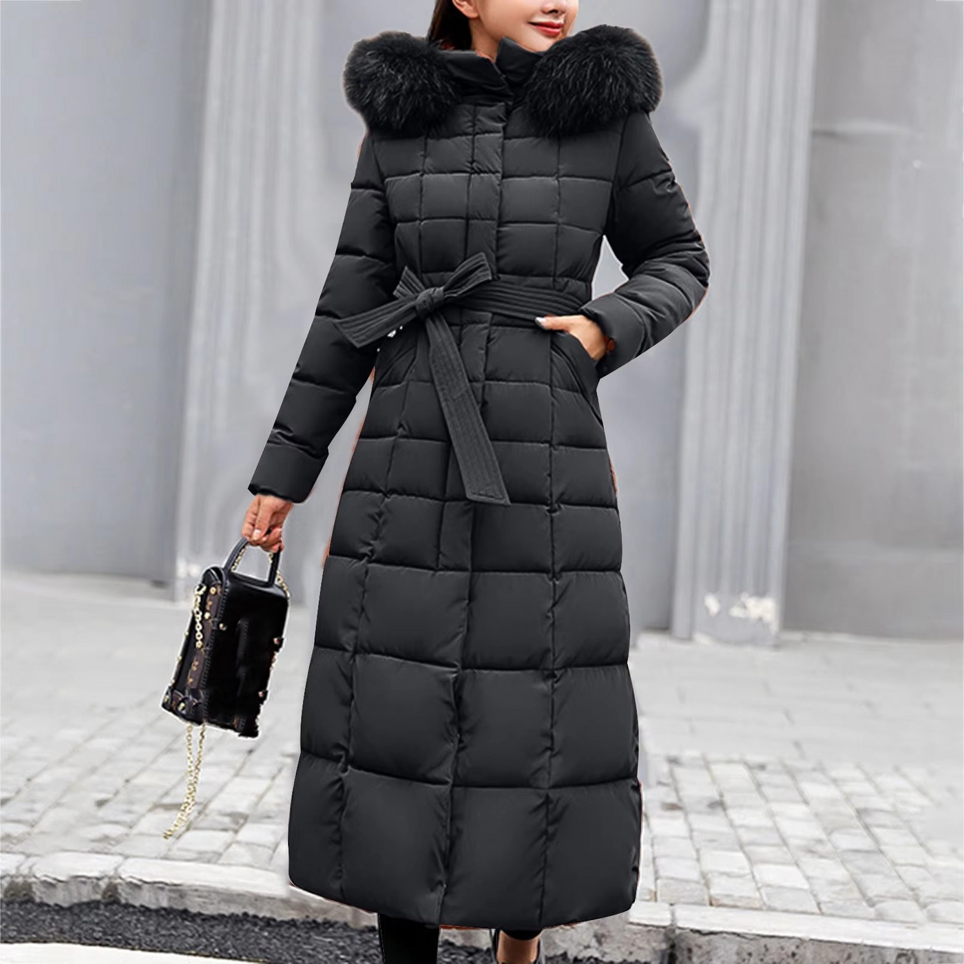 Dames Lange Winterjas Met Bontkraag