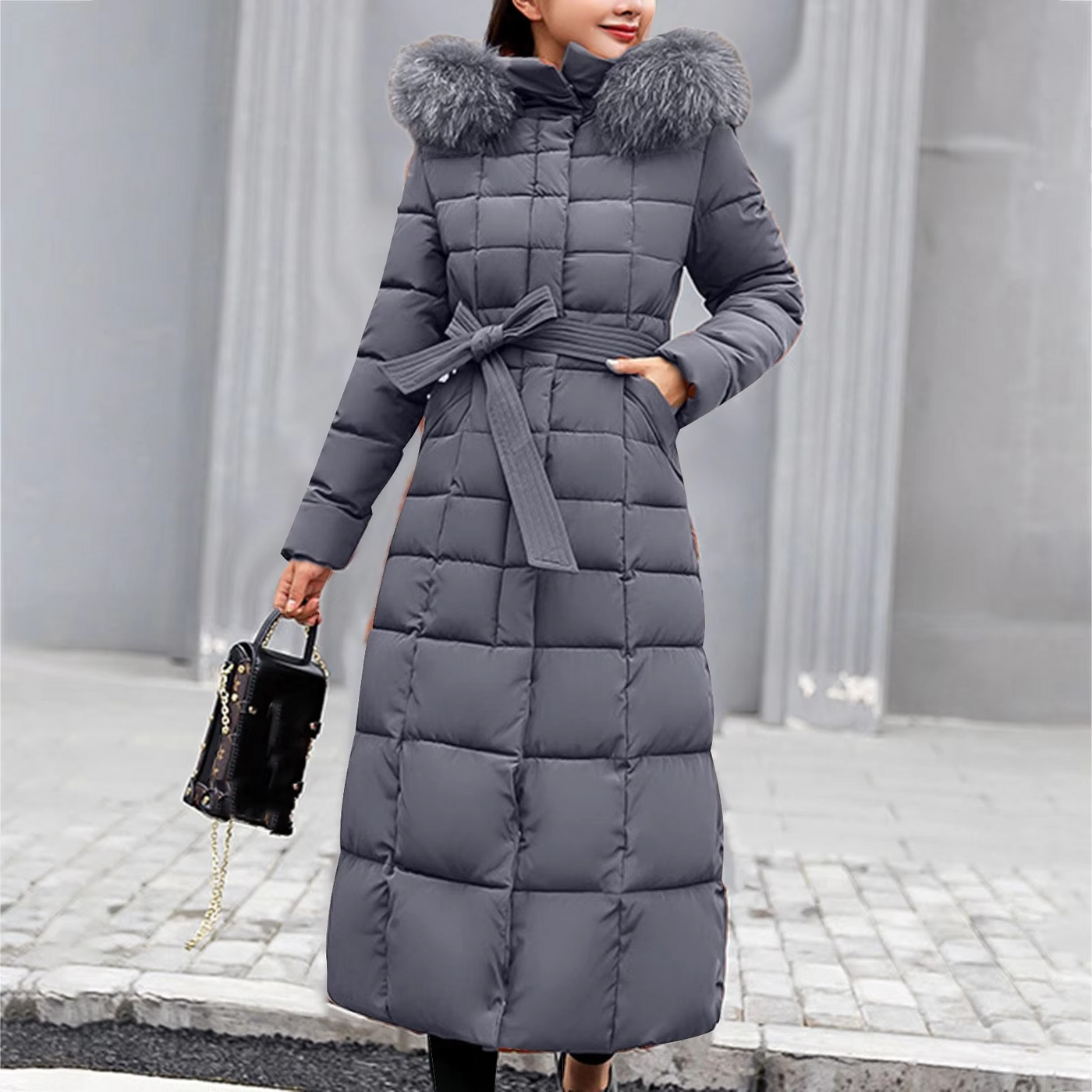 Dames Lange Winterjas Met Bontkraag