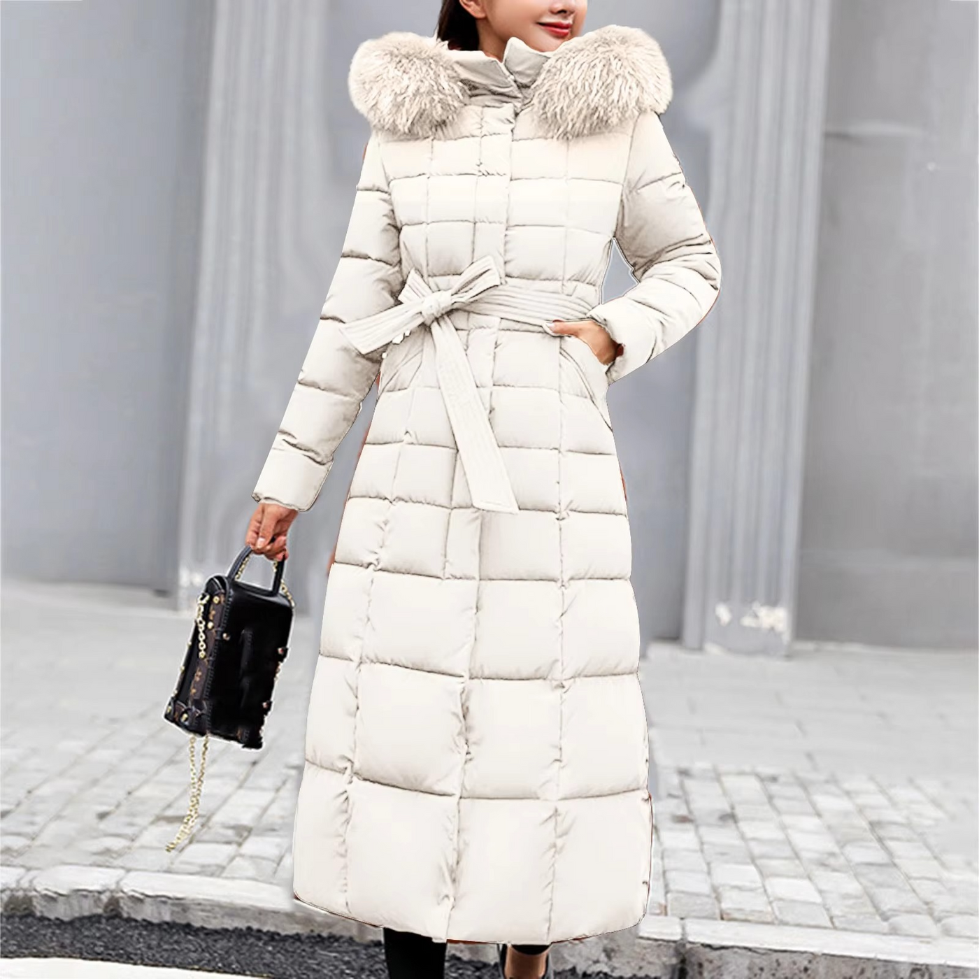 Dames Lange Winterjas Met Bontkraag