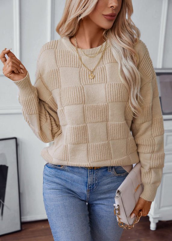 Dames Gebreide Sweater Met Geruit Patroon En Lange Mouwen