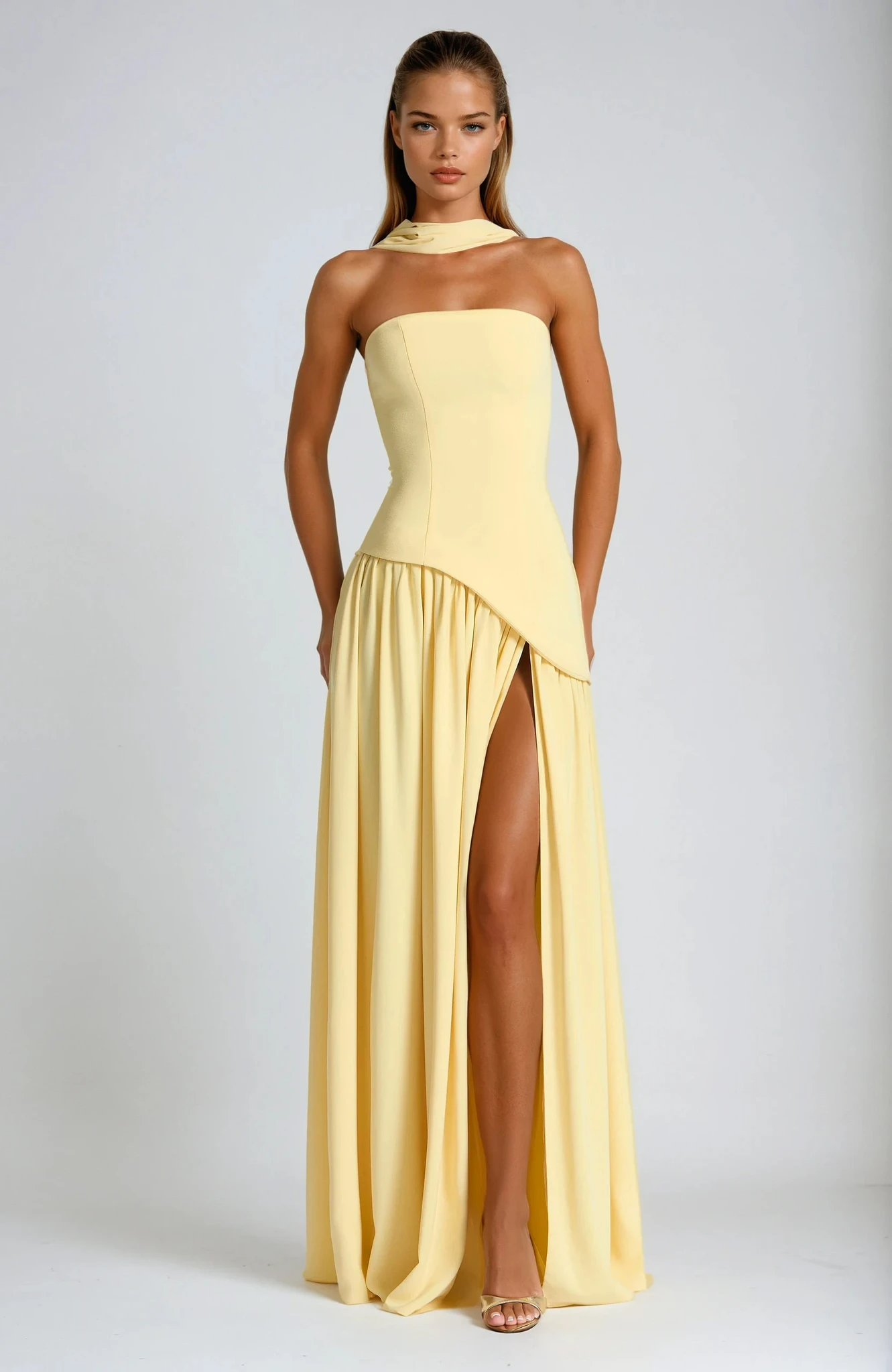 Dames Maxi Strapless Jurk Met Asymmetrische Zoom En Hoge Split