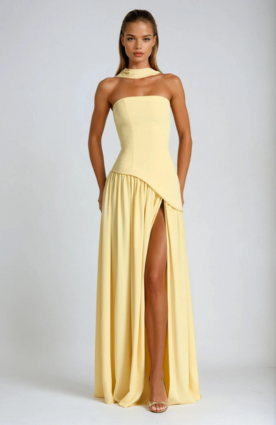Dames Maxi Strapless Jurk Met Asymmetrische Zoom En Hoge Split