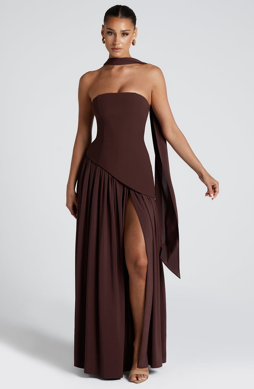 Dames Maxi Strapless Jurk Met Asymmetrische Zoom En Hoge Split