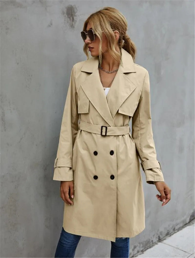 Dames Lange Trenchcoat Met Ceintuur En Dubbele Knopensluiting