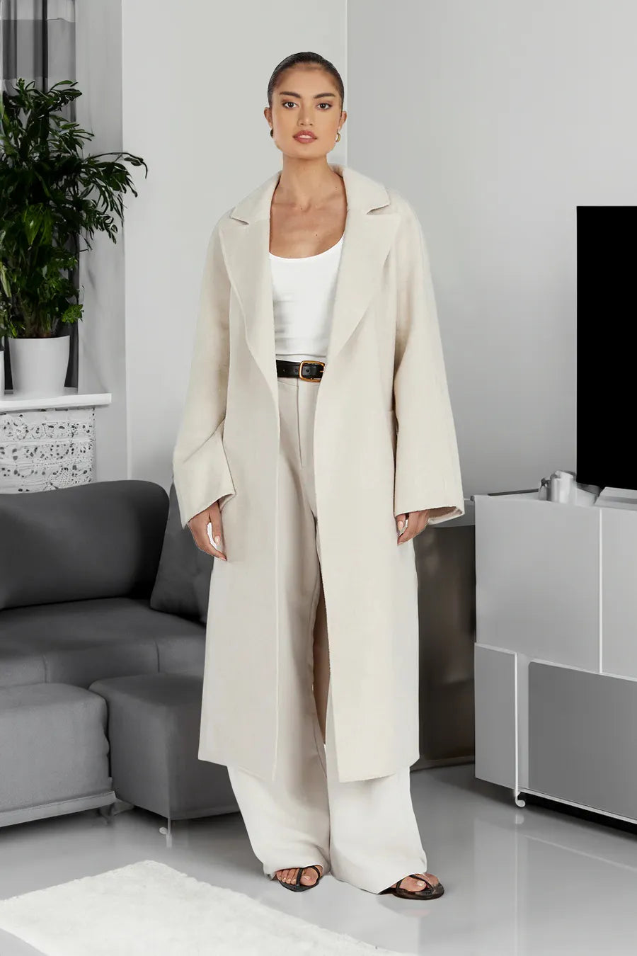 Dames Lange Wollen Trenchcoat Met Reverskraag En Elegante Pasvorm