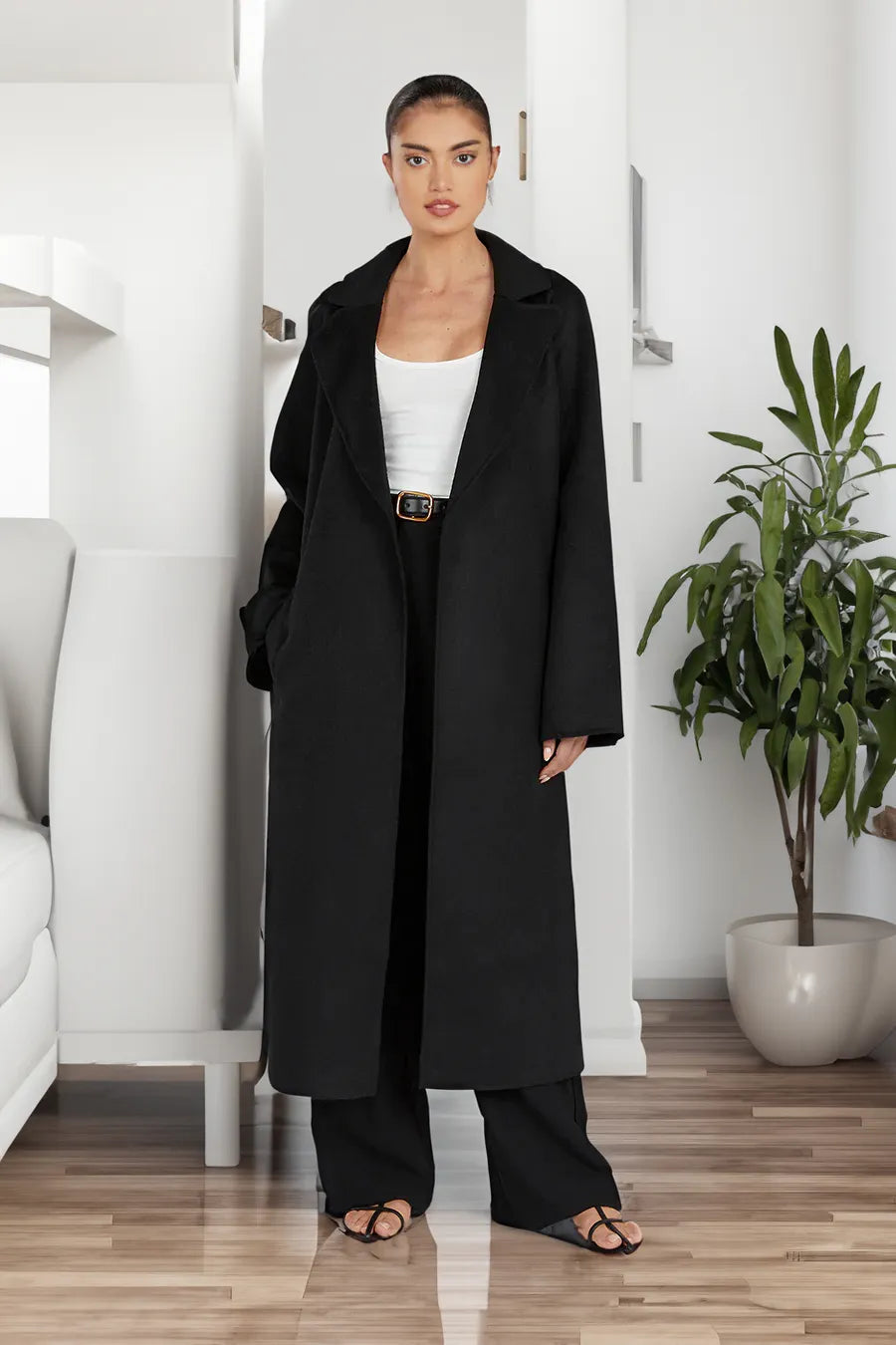 Dames Lange Wollen Trenchcoat Met Reverskraag En Elegante Pasvorm