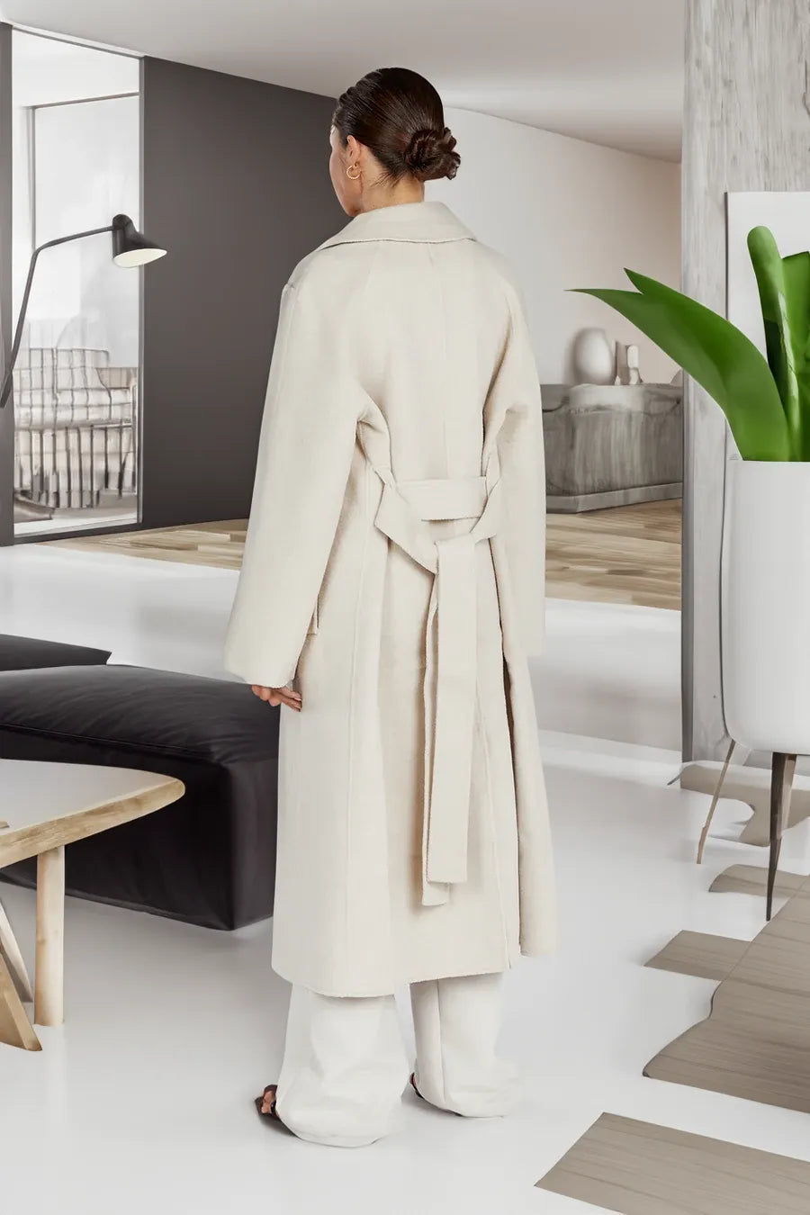 Dames Lange Wollen Trenchcoat Met Reverskraag En Elegante Pasvorm