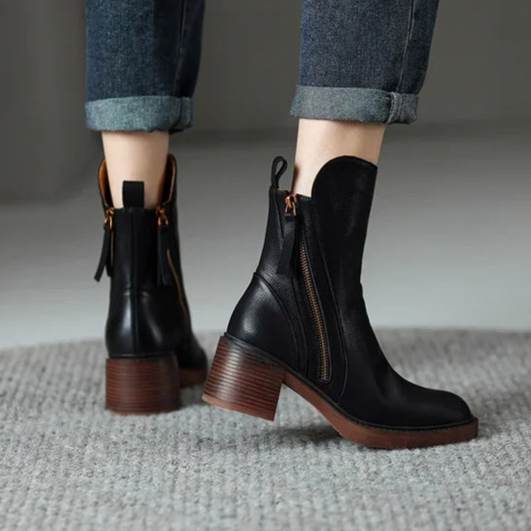 Dames Vegan Leder Enkellaars Met Blokhak En Rits
