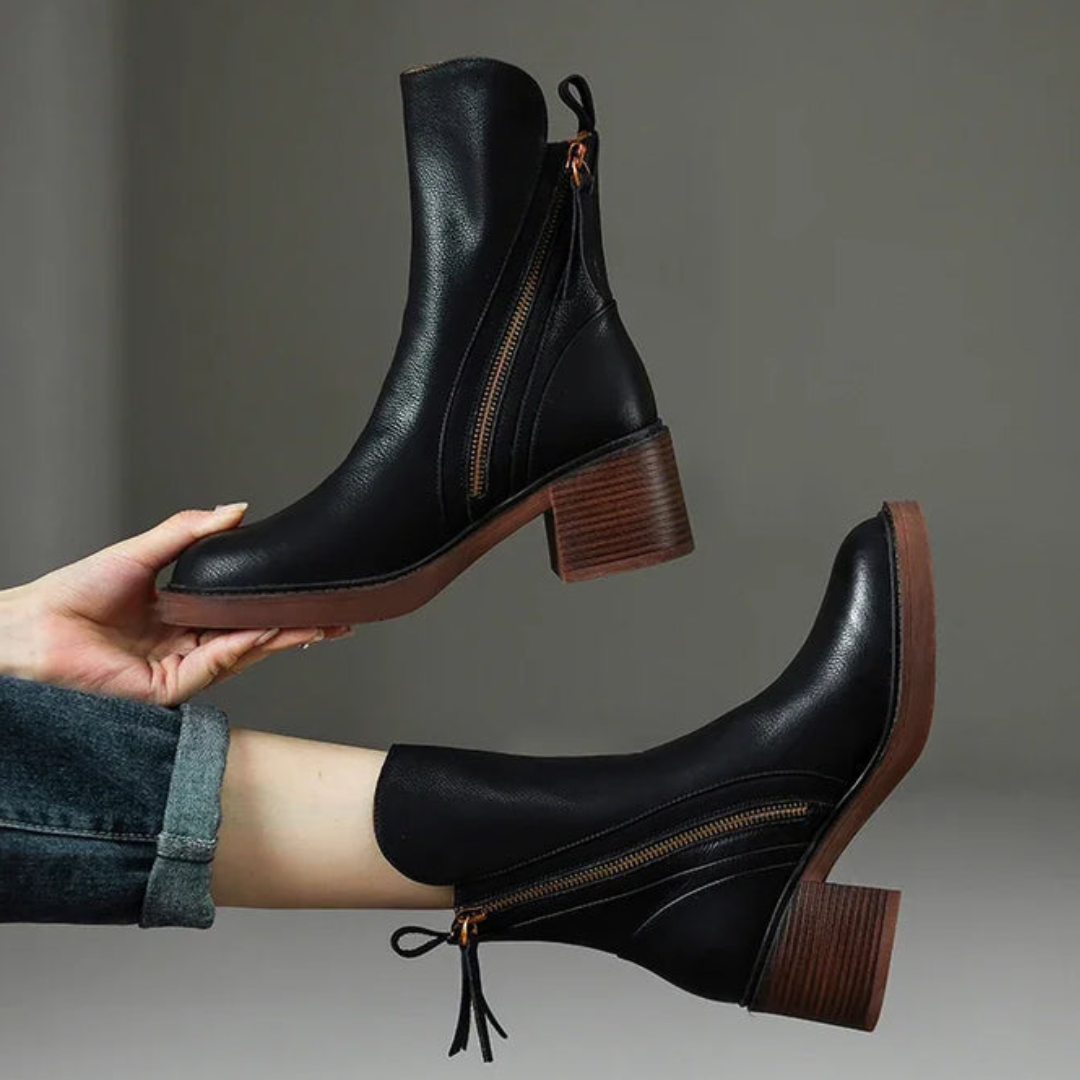 Dames Vegan Leder Enkellaars Met Blokhak En Rits