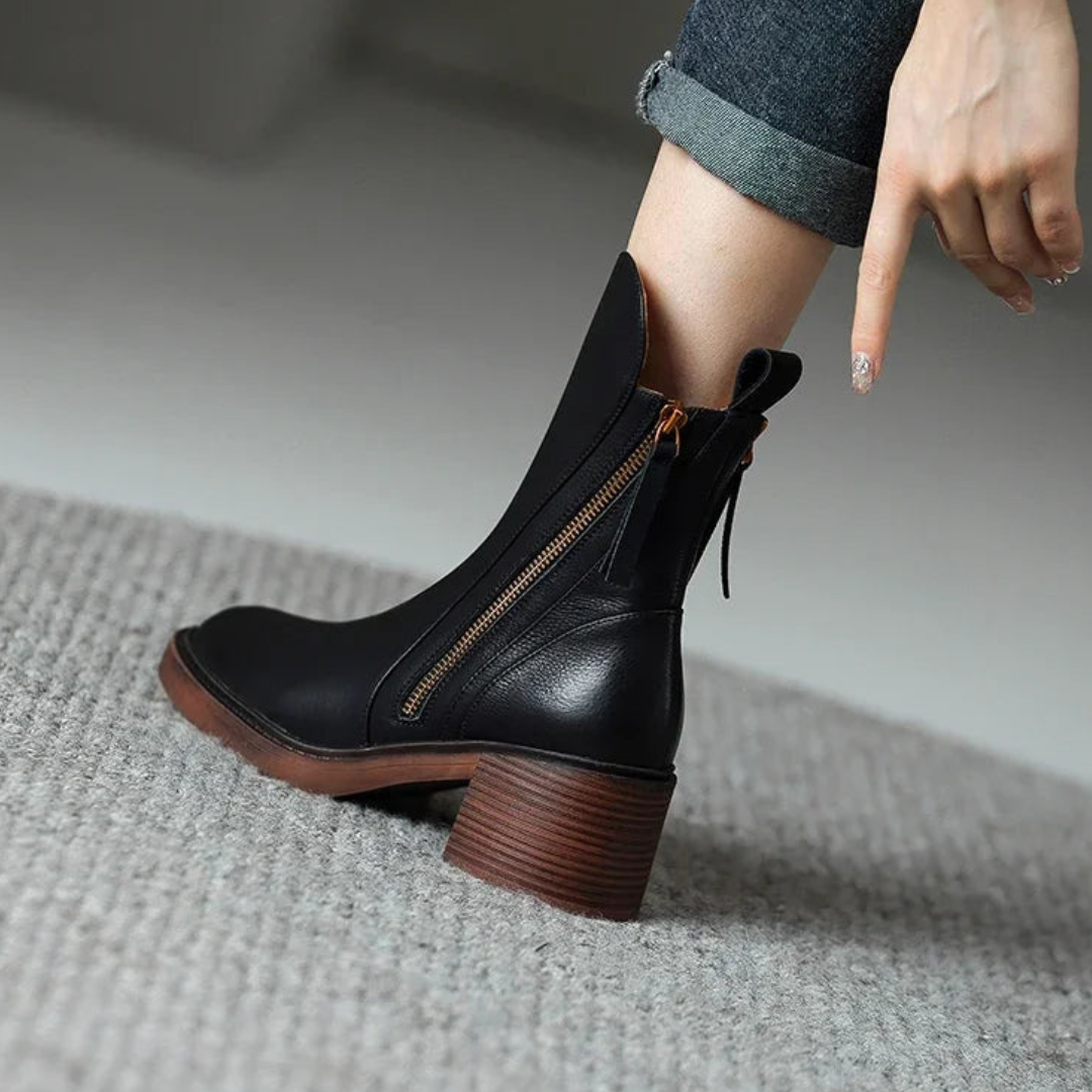 Dames Vegan Leder Enkellaars Met Blokhak En Rits