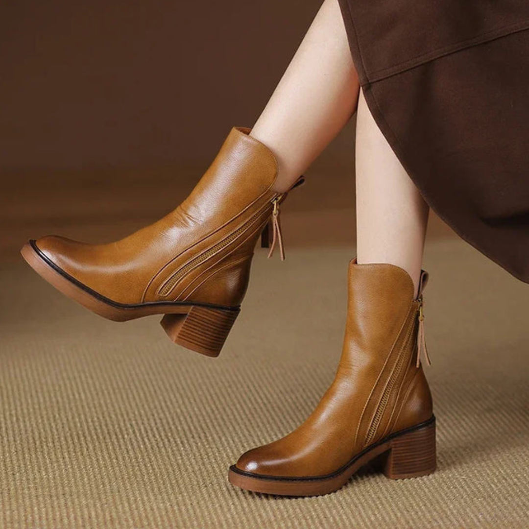 Dames Vegan Leder Enkellaars Met Blokhak En Rits