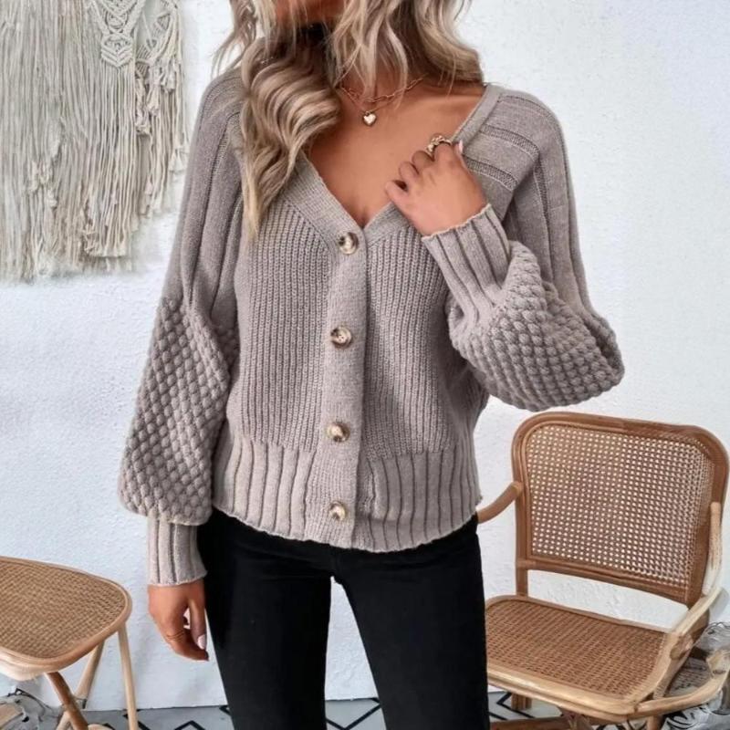 Dames Gebreide Cardigan Met Knoopsluiting En Ballonmouwen