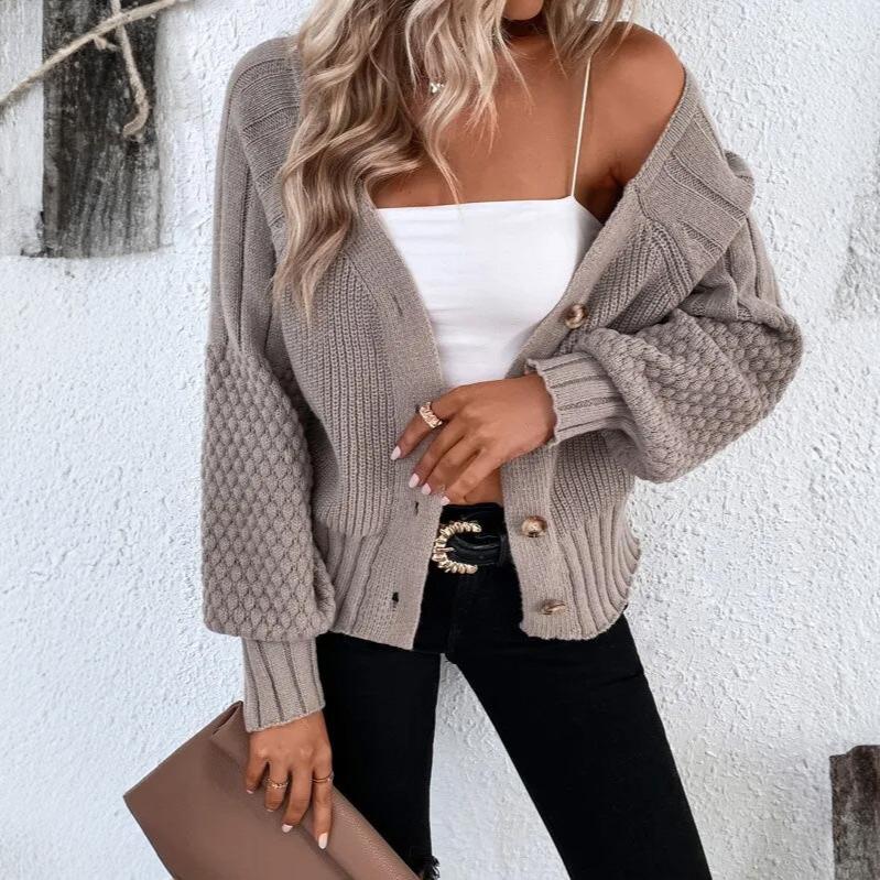 Dames Gebreide Cardigan Met Knoopsluiting En Ballonmouwen