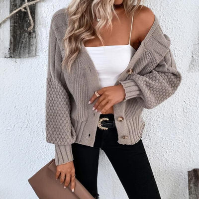 Dames Gebreide Cardigan Met Knoopsluiting En Ballonmouwen