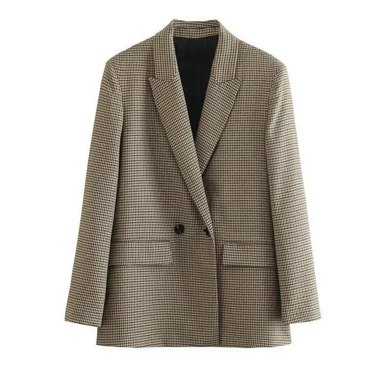 Dames Vintage Geruite Blazer Met Lange Mouwen