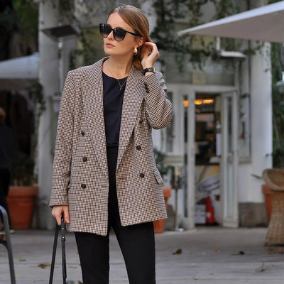 Dames Vintage Geruite Blazer Met Lange Mouwen