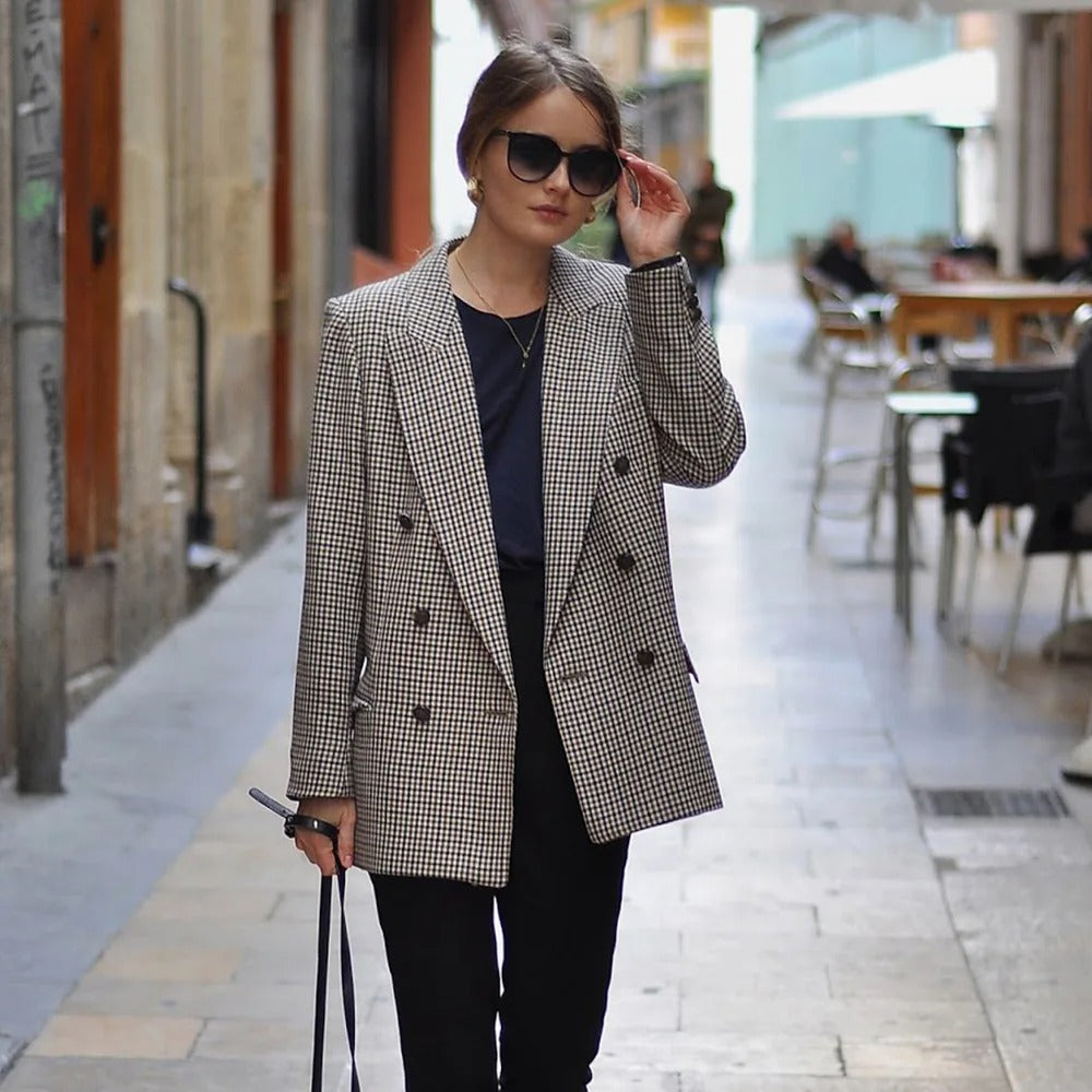 Dames Vintage Geruite Blazer Met Lange Mouwen