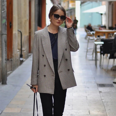 Dames Vintage Geruite Blazer Met Lange Mouwen