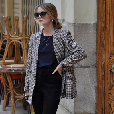 Dames Vintage Geruite Blazer Met Lange Mouwen