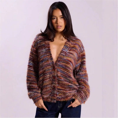 Dames Multicolor Gebreide Cardigan Met Knoopsluiting En Lange Mouwen