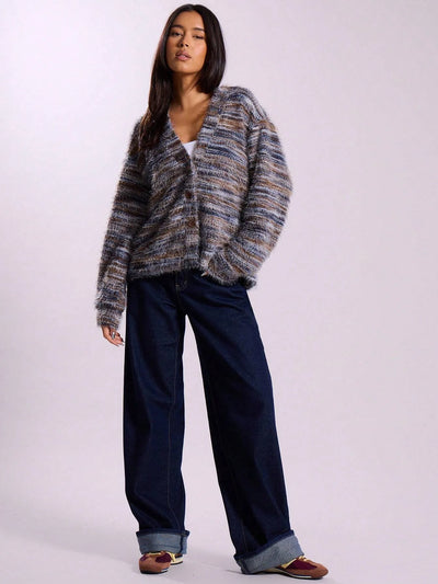 Dames Multicolor Gebreide Cardigan Met Knoopsluiting En Lange Mouwen