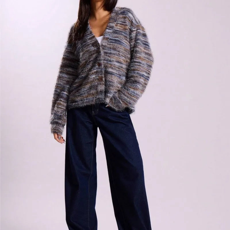 Dames Multicolor Gebreide Cardigan Met Knoopsluiting En Lange Mouwen