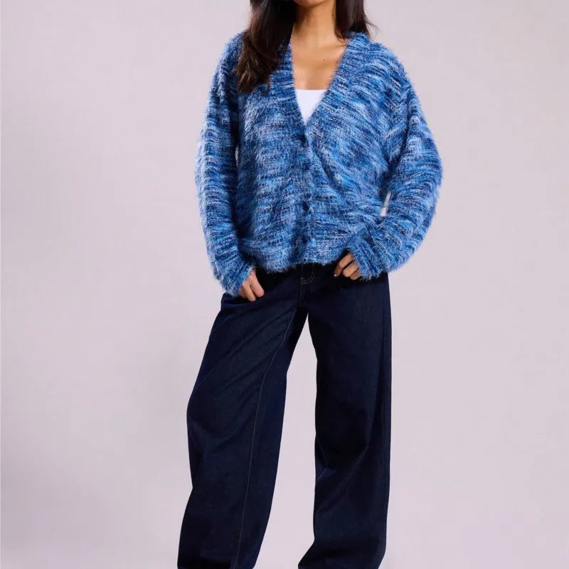 Dames Multicolor Gebreide Cardigan Met Knoopsluiting En Lange Mouwen
