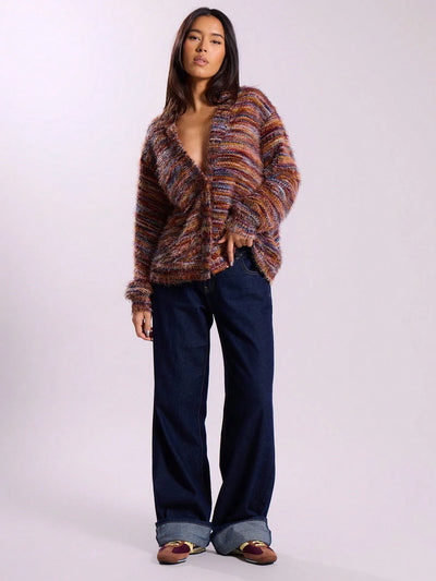 Dames Multicolor Gebreide Cardigan Met Knoopsluiting En Lange Mouwen